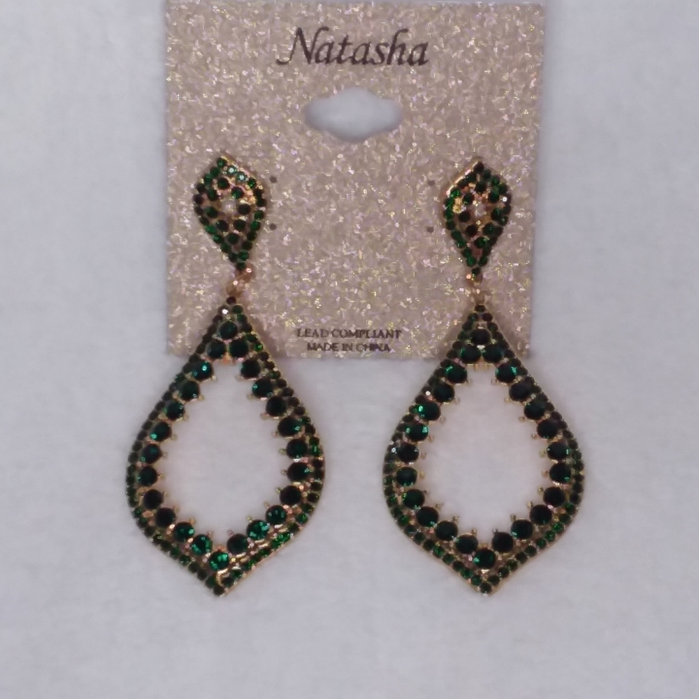 Dangle Pierce Earrings Gold Tone Green Rhinestone Natasha